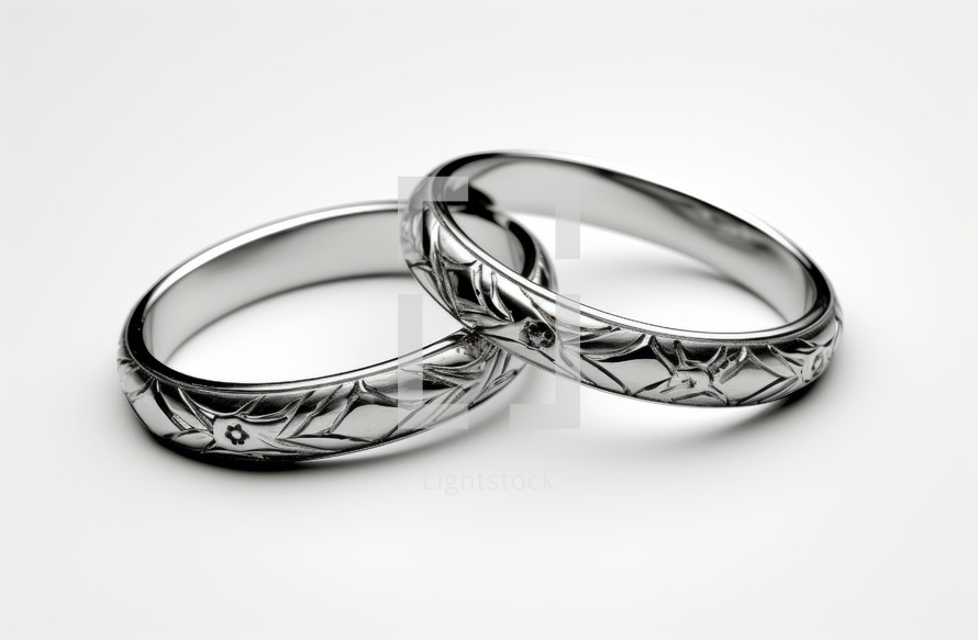 A close-up macro shot of two rings placed on a table with a white background