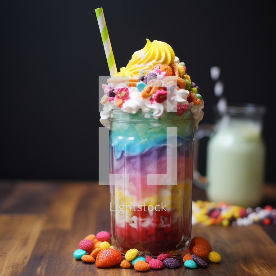 Colorful milkshake in glass on wooden table, copy space