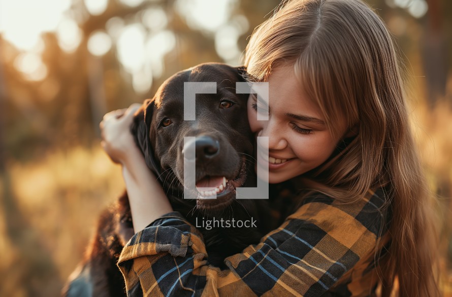 A joyful young woman lovingly hugs her black Labrador, their bond and happiness evident in their warm, outdoor embrace