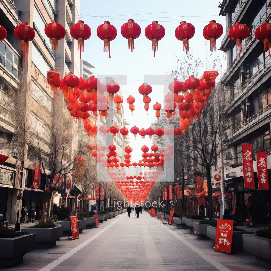 Vibrant Shanghai street adorned for Chinese New Year celebrations Colorful lanterns and festive decorations create a lively atmosphere