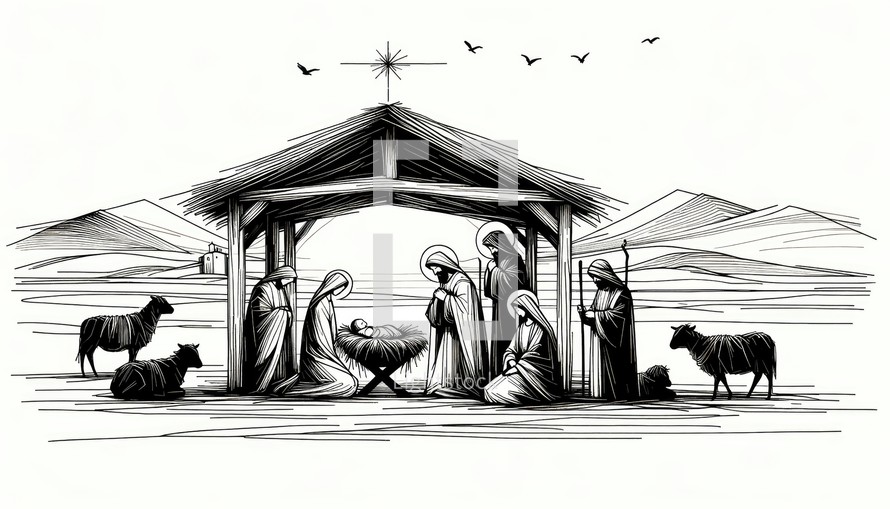 The Visit of the Shepherds. Life of Christ. Black and white Line Art Biblical Illustration
