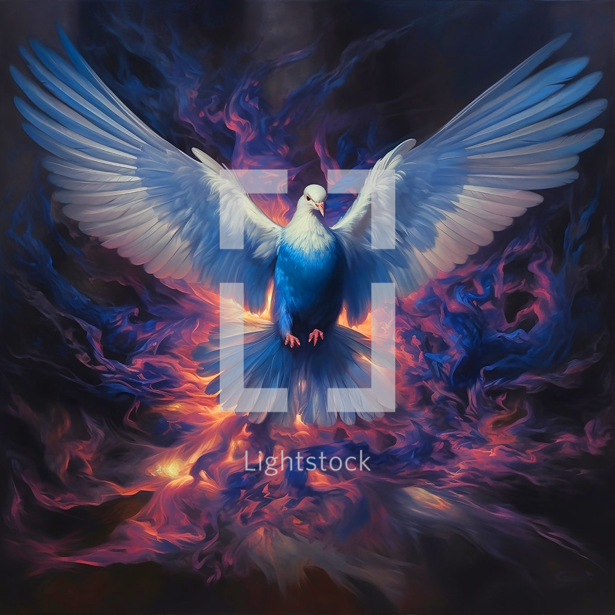 Winged dove in blue flames, a representation of the New Testament Holy Spirit