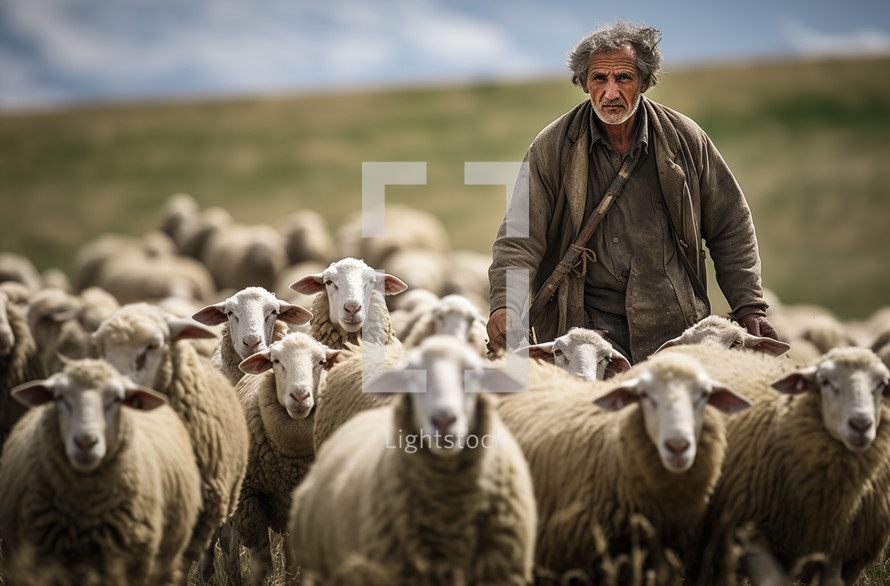 An elderly shepherd stands amid his flock of sheep on a grassy field, portraying a timeless rural livelihood