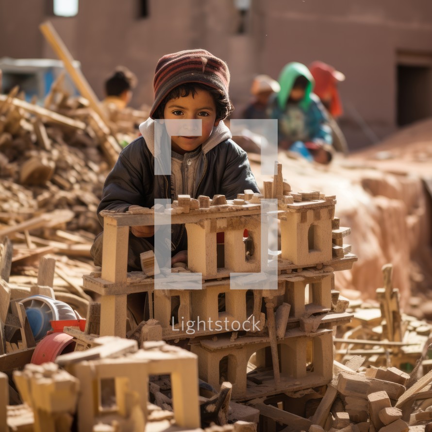 Moroccan children construct a house with building sets