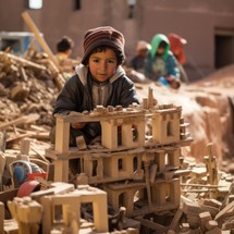 Moroccan children construct a house with building sets