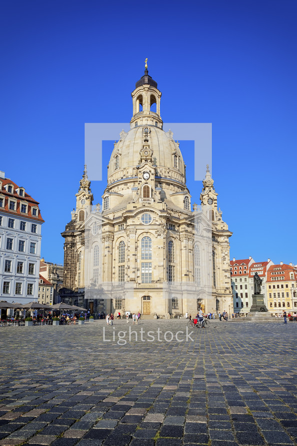 cobblestone streets and The  Frauenkirche Dresden, church of our lady