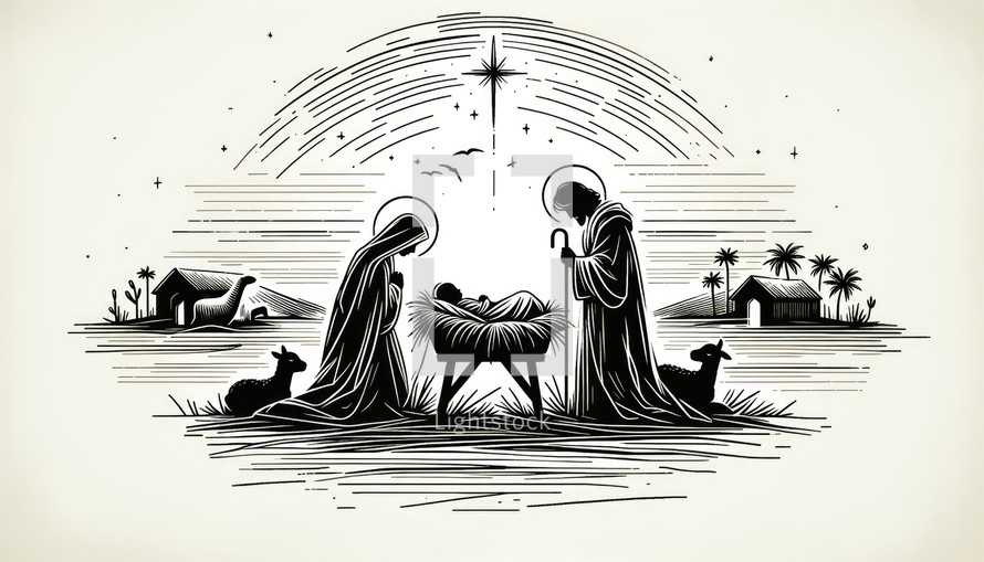 Birth of Jesus. Life of Christ. Black and white Line Art Biblical Illustration