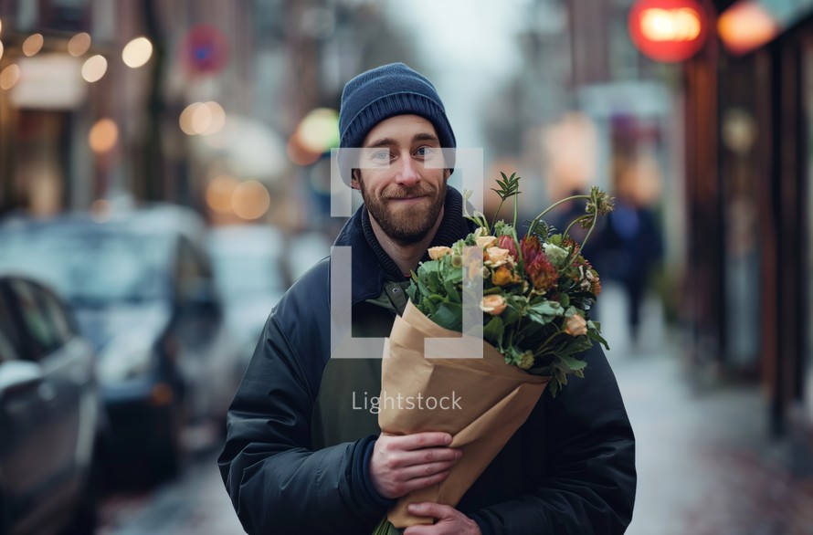 A bearded man in a winter hat warmly smiles, clutching a fresh bouquet of autumn flowers, evoking the feeling of a romantic gesture on a city street
