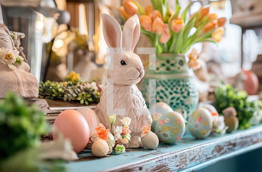 A ceramic Easter bunny surrounded by painted eggs and spring flowers, creating a charming holiday display on a rustic wooden table