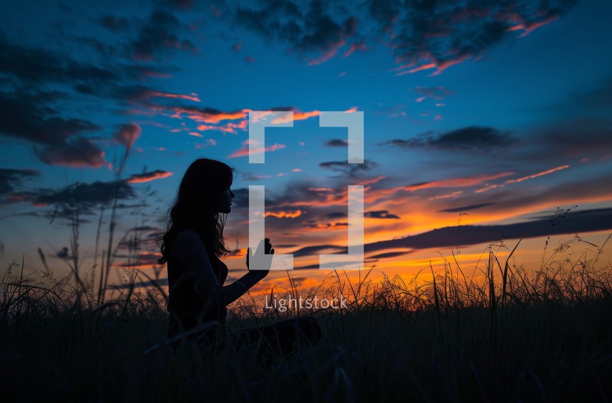 A captivating photo of a woman peacefully kneeling in a field at sunset, immersed in the tranquility of the moment