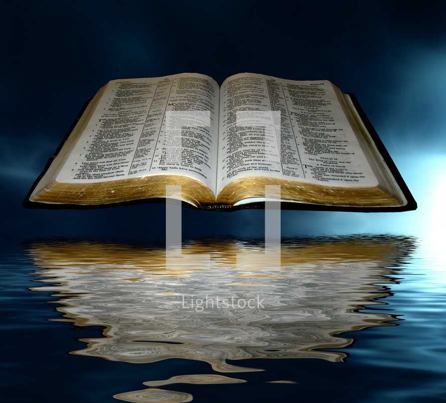 open Bible floating over water