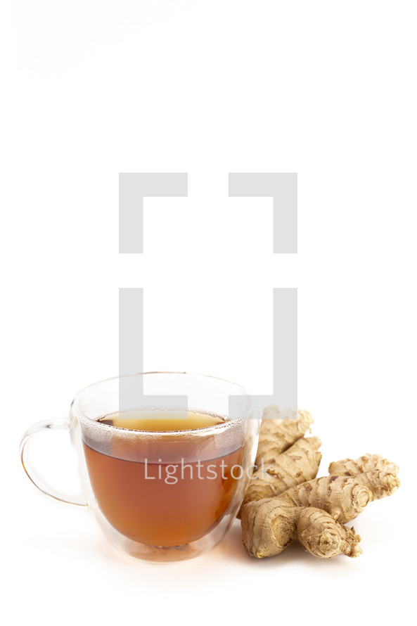 A Cup of Ginger Root Tea on a White Background