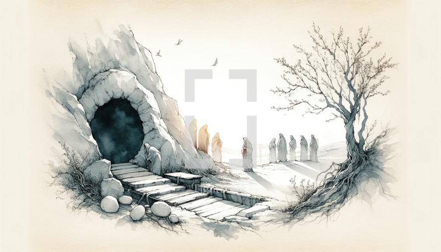 Resurrection of Jesus. The tomb is discovered to be empty. Life of Jesus. Digital line-art illustration. 