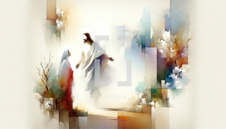 Resurrection of Jesus: Jesus appears to Mary Magdalene. Life of Jesus. Watercolor digital illustration. 