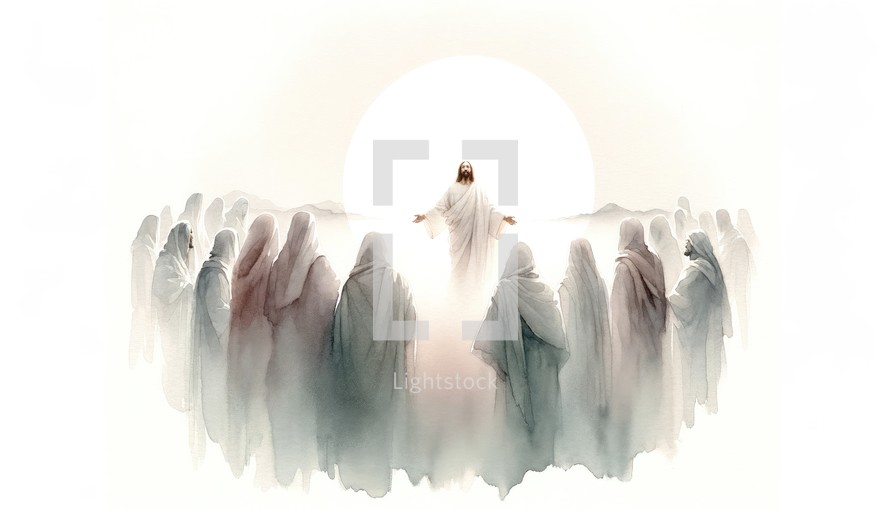 Resurrection of Jesus: Jesus appears to his followers. Life of Jesus. Digital watercolor painting.