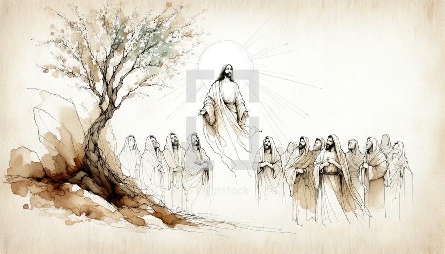 Resurrection of Jesus: Jesus appears to his followers. Life of Jesus. Digital line-art illustration.