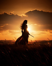 In the serene beauty of a sunset, a courageous woman warrior of God stands in a field, her sword of faith at her side, keeping watch over the peaceful valleys and meadows.
