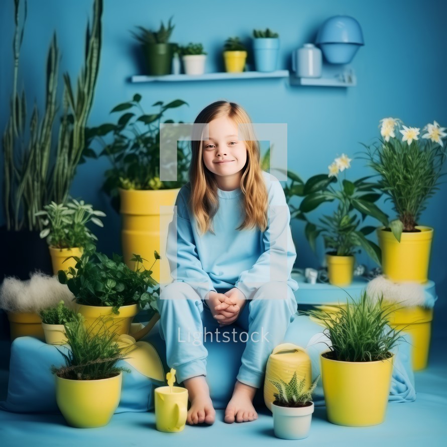A young girl with Down syndrome wearing yellow pajamas stands in a blue room filled with vibrant green plants