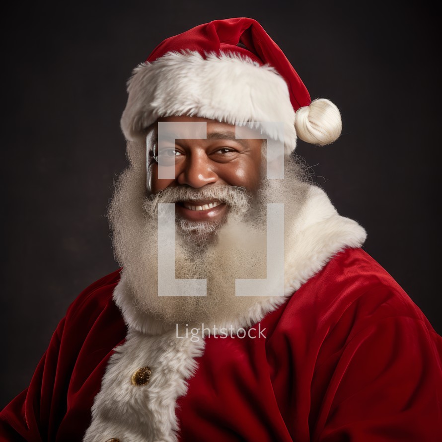 Santa Claus, an African American man, smiles warmly at the camera