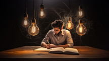 Man sitting at the table and writing with light bulbs above him