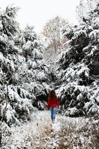 a woman walking in a winter forest 
