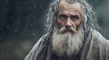 portrait of Noah with long gray hair and beard in the rain