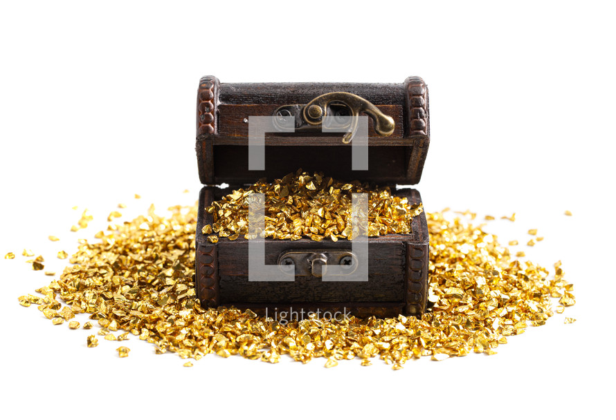 pieces of Gold in a Treasure Chest on a white background 