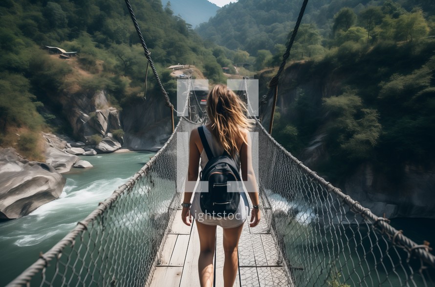 Back view of a woman walking on a suspension bridge over a mountain river