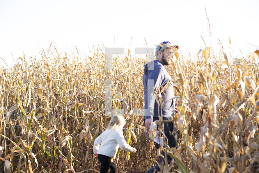 Man and daughter in field of corn stalks
