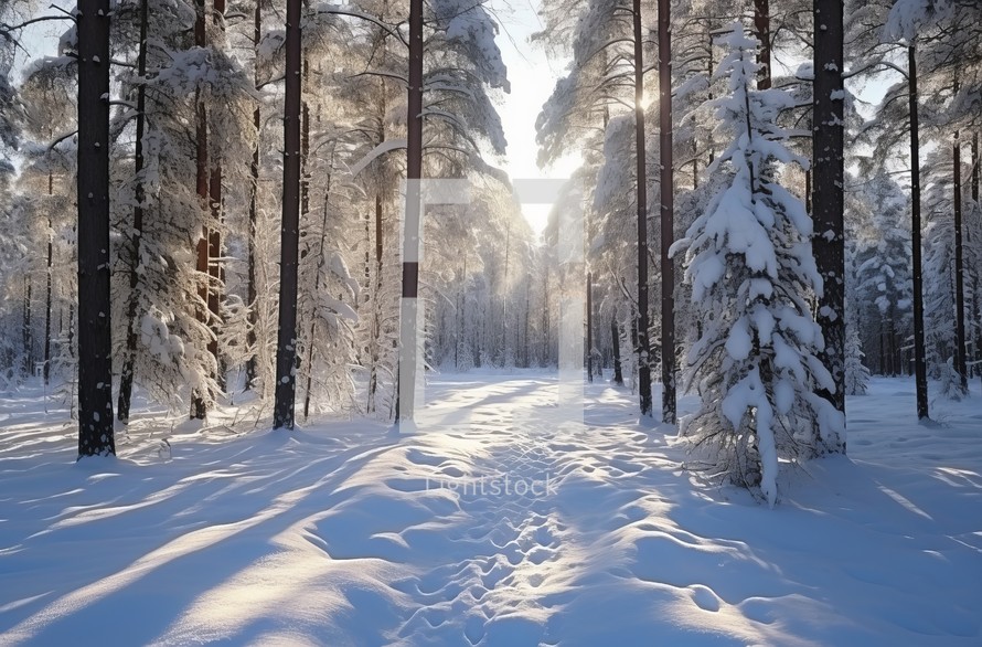 Sun rays piercing through snow-clad pines