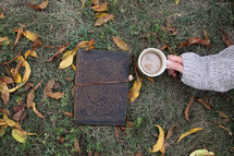 a leather bound Bible in the grass