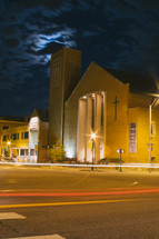 church with lights at night 
