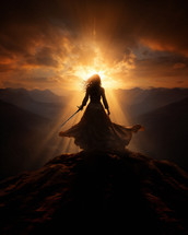 Inspirational image of a female warrior of faith, her sword raised high, overlooking sprawling fields from a mountain summit during a golden sunset, symbolizing courage in Christ.