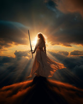 With unwavering resolve, a devout Christian woman warrior surveys the open lands below from the mountain's peak, her gleaming sword of faith ready to defend against all spiritual adversaries.