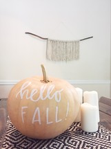 hello fall centerpiece on a dinning room table 