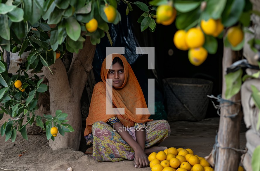 A woman seated on the ground beside a group of lemons