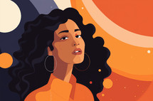 Close up of a woman in orange with celestial elements