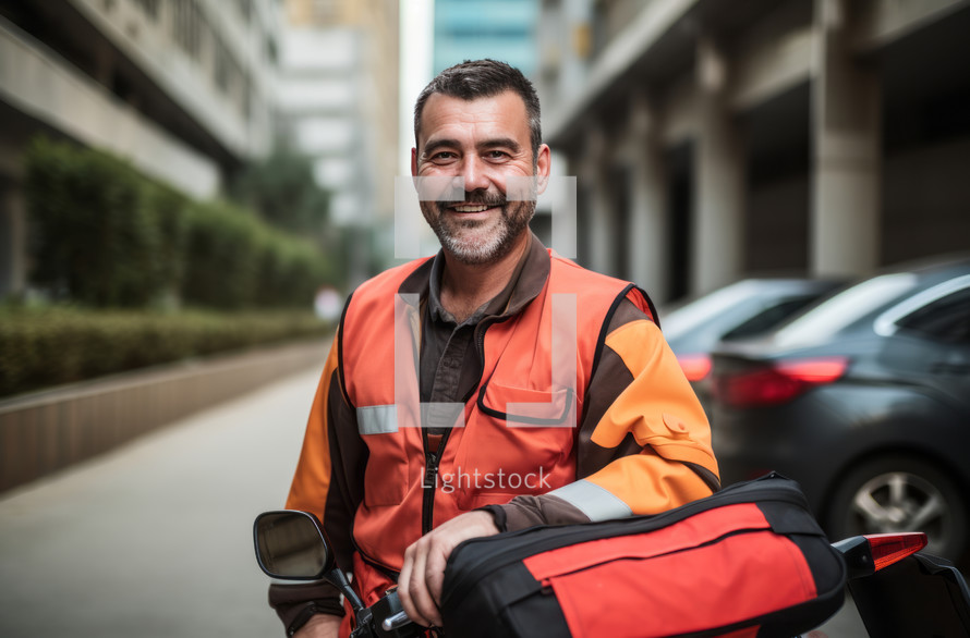 A middle-aged hispanic courier with a delivery bag smiling at the camera