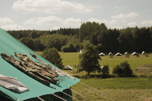 clothes drying on a tent roof 