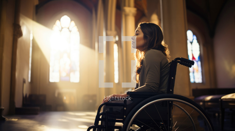 Side view of a young woman in a wheelchair in a church.