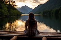 Close up of a caucasian woman in thoughtful repose by a mountain lake at sunset