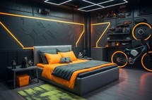 Futuristic design teen bedroom with neon and e-bike