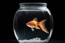A vibrant goldfish swimming in a simple glass bowl against a dark background