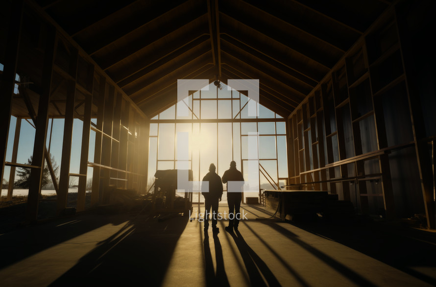 Building for Jesus. Silhouette of two workers in a church