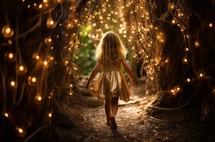 A young caucasian girl walks through a forest adorned with twinkling lights