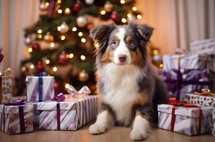 Australian Shepherd dog sniffing at New Year's gifts by the Christmas tree