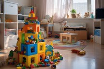 Bright plastic blocks constructed in creative shapes in play area
