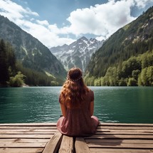 Close up of a Caucasian woman in contemplation, seated on a wooden jetty at a clear mountain lake