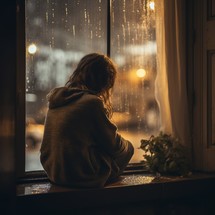 A girl sits by a window, gazing outside as warm light fills the room Rain and wind can be seen through the window