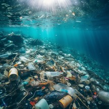 A striking image depicting the devastating impact of ocean pollution, showcasing the abundance of garbage and plastic, and the distress it causes to marine life